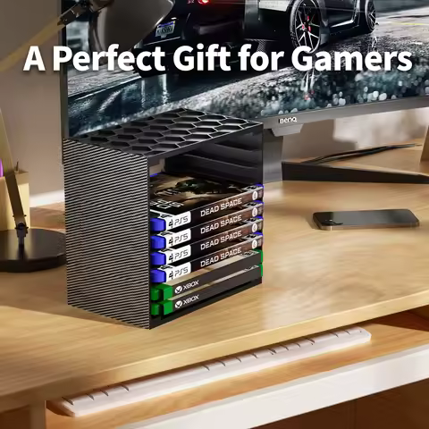 Stackable 9-Slot Game Disc Storage Rack for PS5/PS4/Xbox/Switch, Carbon Fiber Game Case Holder Organ