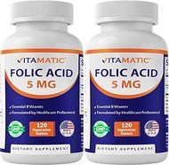 Vitamatic 2 Pack - Folic Acid 5mg (5000 mcg) - 120 Vegetarian Tablets - (Vitamin B9 Folate) (Total 2