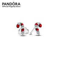 Pandora Candy cane sterling silver stud earrings with clear cubic zirconia and red enamel เครื่องประ