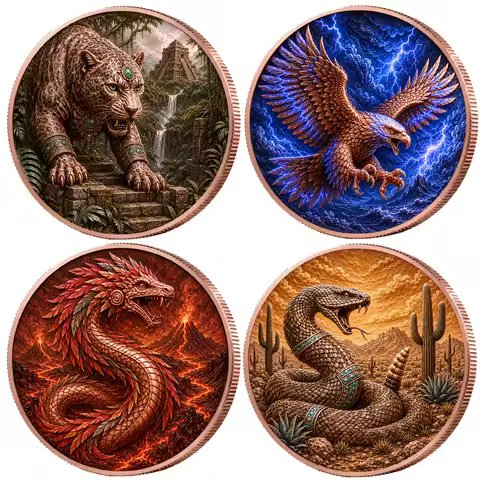 4Pcs 5OZ 999 Fine Copper Coin Mayan Myth Series Jaguar Eagle Feathered Rattlesnake High Relief Wild 