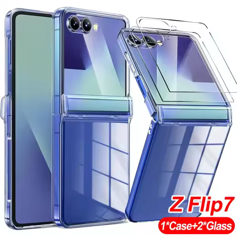 For Samsung Galaxy Z Flip 7 Hinge Protection Hard PC Phone Case with Tempered Glass Screen Protector