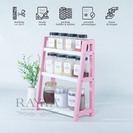 RAK KAYU SERBAGUNA MEDIUM 3 SUSUN PINK / RAK BUMBU DAPUR  3 TINGKAT WARNA PINK AESTHETIC