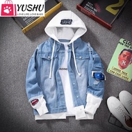 Yushu Denim Jacket Mens Hooded Slim Fit Casual Streetwear Jean Jackets Long Sleeve Trendy Outerwear 