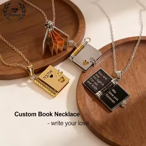 Diamon Custom Book Necklace Engrave Text Name Hebrew Arabic Stainless Steel Jewelry Locket Pendant f