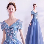 Blue Formal Party Banquet Maxi Dress Gaun Malam Pengantin Pakaian Wedding BallGown Emcee Dinner Even