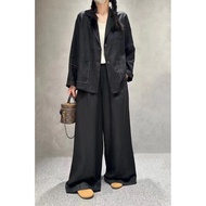 CZ2026 Summer Women's Long Sleeve Linen Suit Pants - Wide Leg & Pockets VUM6