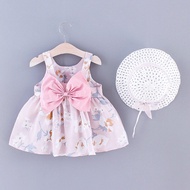 Summer New Pink Bow Baby Girl Dress, pakaian tanpa lengan kanak-kanak bunga putih dengan Hat percuma