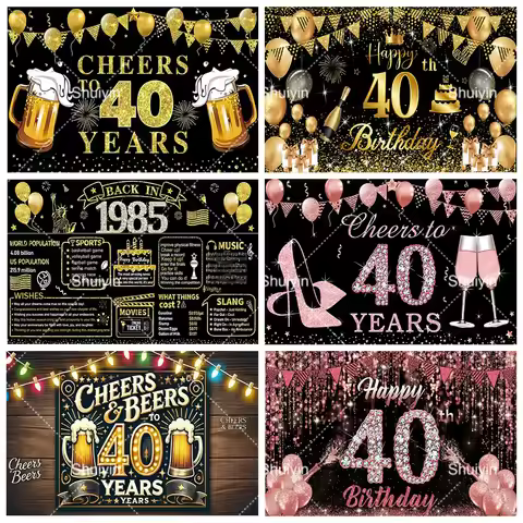 40th Birthday Party Backdrop Pink Black Gold Glitter Woman Man 40 Years Old Birthday Bar Decorations