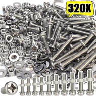 320ชิ้น/กล่อง ชุดน็อตสกรู M3 / สกรูหัวหกเหลี่ยมสแตนเลส / ชุดน็อตหัวกลมแบน / ฮาร์ดแวร์ขายส่ง
