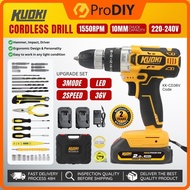 KUOKI 1550RPM Cordless Driver Screwdriver Impact Hammer Drill 3 Mode 2 Speed 2 Battery 36v Power Too