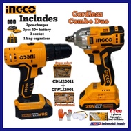 ☃Ingco Combo Cordless Impact Wrench 20v plus Cordless drill 20v ▪️free gloves, goggles and set drill