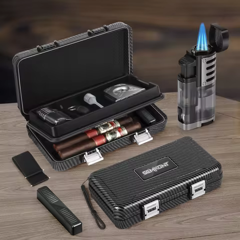 Portable Travel Cigar Humidor with Cigar Lighter, Double Humidor with Separate Storage for Cigar Acc