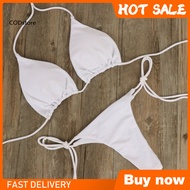 KDCOD* 2 Pcs/Set Bikini Set Solid Color Halter Neck Strap Thong Women Swimsuit Set for Beach