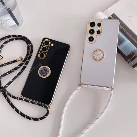 S 25 24 Luxury Plating Ring Holder Crossbody Lanyard Case For Samsung Galaxy S25 S24 Plus Ultra 5G B