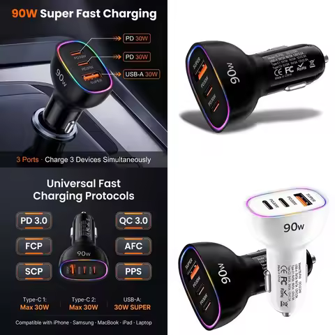 90W USB C Car Charger Multi Port Super Fast Charging Dual PD 30W Type C USB A 30W Adapter for MacBoo