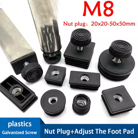 M8 Black Square / Round Plastic Pipe Plugs Adjustable Screw Foot Pad Furniture Leg Cover End Caps 20
