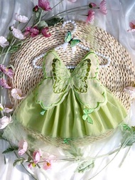 新生兒綠色蝴蝶造型攝影服飾髮飾套裝，嬰兒女孩網紗裙