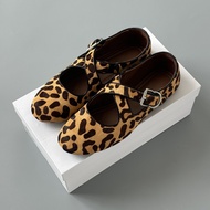 A alaia Cross Strap Flat Shoes Ballet Shoes Leopard Print Horsehair Genuine Leather Women's Shoes Ma