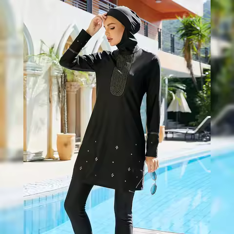 Full Cover Black Muslim Women Swimsuits Swimwear Islamic Long Sleeve Modest Burkinis Tops Pants Cap 