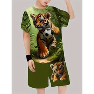 This Set of Green Theme Teenager Short-Sleeved and Shorts Sets Equipped with Cute Cartoon Tiger 3D P