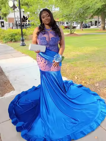Luxious Royal Blue See Thru Mermaid Prom Dress For Blackgirls Illusion Luxury Evening Dress Wedding 
