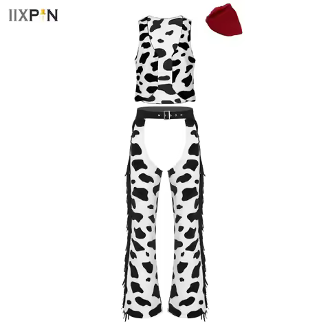 Retro Western Cowboy Cosplay Costume Mens Cow Print Flannel Vest Biking Riding Cowgirl Chaps Pants B
