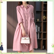 LAHSTORE straight linen dress with rolled-up sleeves and flared waist DS30 (Green)