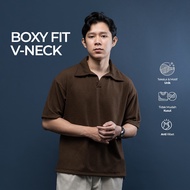 Fatto A Mano Poloshirt Boxy fit Men's V-Neck Open Collar Cut Thick Knit Men's Collar T-Shirt Dark Br