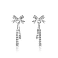 Sweet Full Diamond Face Pure Silver Crystal Bow Earrings s999Earrings French Studs Tassel Ear Jewelr