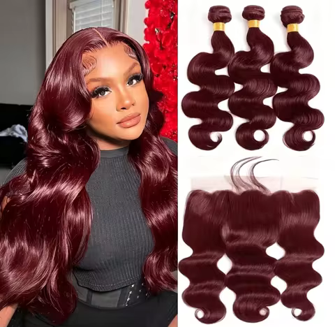 Red Color 99j Body Wave Bundles with Frontal #99j Burgundy Human Hair Bundles Brazilian Remy Hair 3 