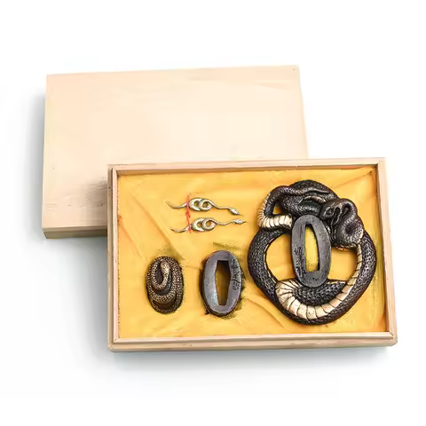Snake Tsuba Set, Samurai Sword Katana Tsuba Guard, Brass Plated, Fuchi Kashira Menuki,Sword Accessor