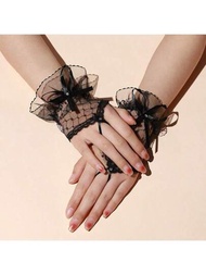 1 雙短黑色蕾絲手套帶蝴蝶結新娘婚禮洛麗塔服裝網紗蝴蝶結袖汽車駕駛手套