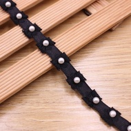 Pearl Rhinestone Chinlon Weave Lace Trim - Fluffy Dress Sewing Trim | 1 Yard x 1.5cm Width | On Sale