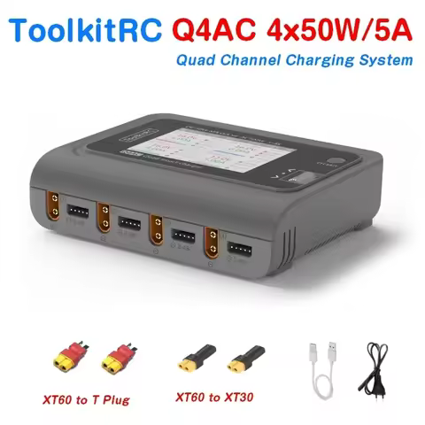 ToolkitRC Q4AC 4x50W 5A AC 100W 4 Port DC Smart Discharger Charger XT60/XT30 Optional for 1-4S Lipo 
