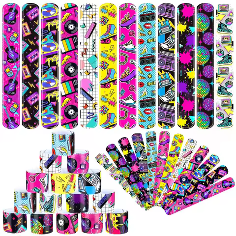 12 Pcs 80s 90s Slap Bracelets Back to 80s 90s Throwback Theme Party Favors Snap Bracelets Adults Cla
