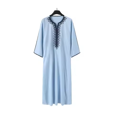 Men's Embroidered Robe Moroccan Arabian Basic Jubba Thobe Polyester Muslims Traditional Clothing Isl