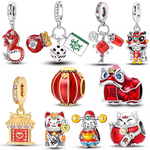 925 Sterling Silver Chinese Elements Charms Bead Chinese New Year Lion Dance Dragon Pendants Fit Ori