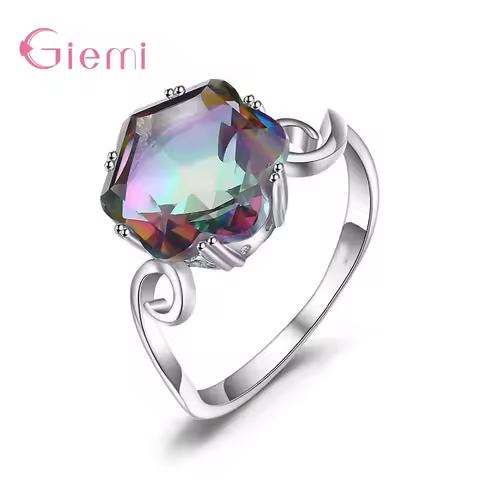 5-12 Big 925 Sterling Silver Jewelry Ring Mystic Rainbow Topaz Cubic Zircon Finger Decoration for We