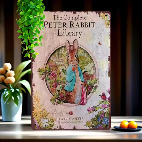 Vintage Peter Rabbit Library Beatrix Potter Retro Metal Tin Sign, Classic Children's Book Art Wall D