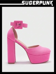 Sugerpunk 珍風格粗跟粉紅高跟鞋,甜美又酷的法國風格防水平台女鞋