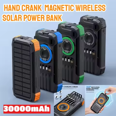 30000mAh Hand Crank Solar Power Bank Magnetic Wireless 22.5W Fast Charging for IPhone Airpods IWatch