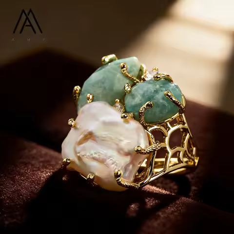 Gold Plated Marquise Cut Diamond Crystal Rings Natural Keshi Pearl Amazonite Adjustable Jewelry for 