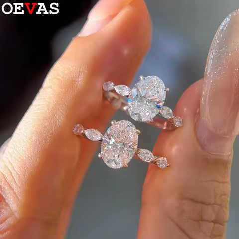 OEVAS Oval Cut 1CT 2CT Full D Color Moissanite Diamond Rings For Women 18K Gold Plated S925 Silver W