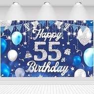 55th Birthday Decor Birthday Decoration Background Happy 55th Birthday Banner Blue Silver Flag Ballo