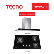 (HOOD + HOB) Tecno KA 9008 / KA9008 90cm Round Profile Chimney Cooker Hood with LED Sensor Touch Controls + Tecno T 23TGSV / T23TGSV 3-Burner Glass Cooker Hob with Inferno Wok Burner Technology