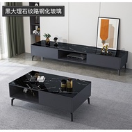 TV Console 0719 TV Cabinet With Tempered glass marble print Metal Leg White/Black Minimalist Style
