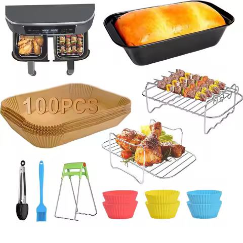 Rectangle Dual Basket Air Fryer Accessories Set Double Layer Grill Skewer Rack For Ninja DZ201, DZ40