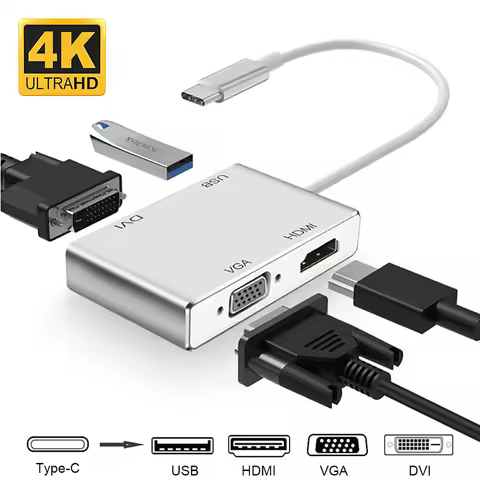Type C to HDMI 4K VGA USB DVI Converter 4 in 1 USB C Multiport Adapter USB-C to HDMI VGA Hub for Mac