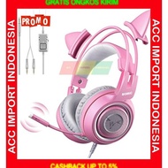 Headset Gaming Headphone Somic G951S Cat Ear Pink Lucu Mic Microphone