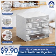 ODOROKU 1/2/3 Compartments Stackable Drawer Organizer Office Desk Organizer with Drawers Clear Plast